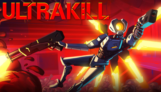 banner of the game ultrakill with V1 on the right shooting things and the game logo on the top left corner